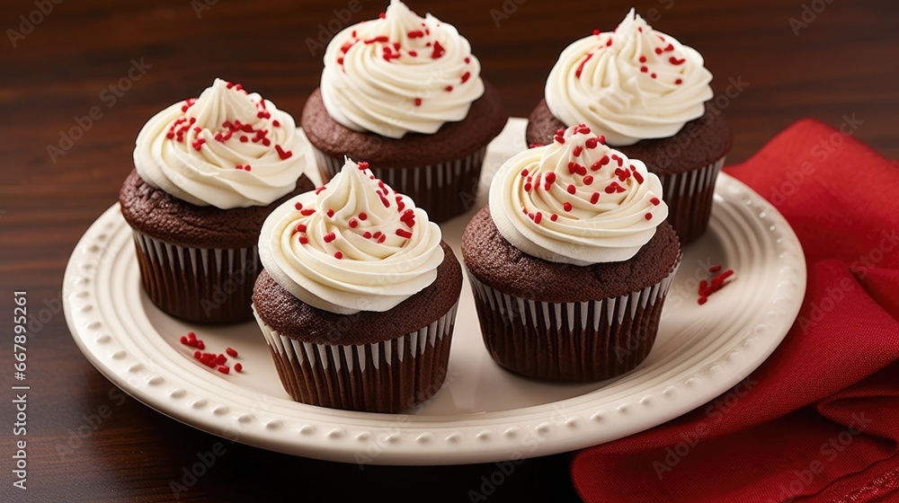 A plate of freshly baked chocolate cupcakes, each adorned with a swirl of frosting beautifully dyed in hues of red and white, exemplifies the joy and cheer of the holiday season. A plate of freshly baked chocolate cupcakes, each adorned with a swirl of frosting beautifully dyed in hues of red and white, exemplifies the joy and cheer of the holiday season.