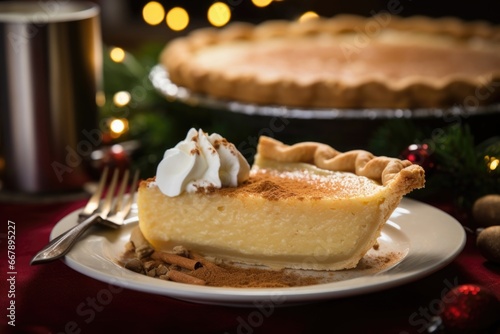 A captivating image of a classic eggnog custard pie, freshly baked until golden and silkysmooth. The pies lattice crust showcases the chefs expertise, while the creamy filling is topped photo