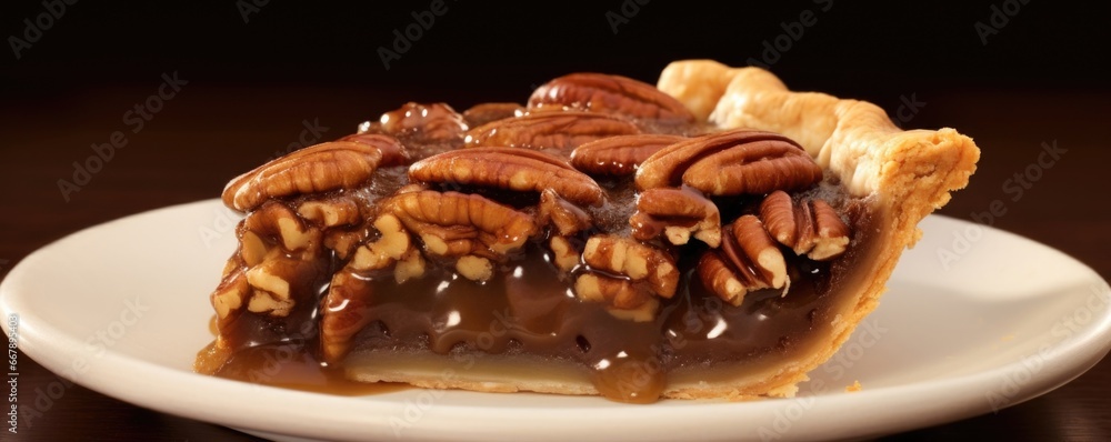 An irresistible slice of pecan pie served warm, its sumptuous aroma wafting through the air. The glossy, ambercolored filling glistens as it blends harmoniously with the ery crust, promising