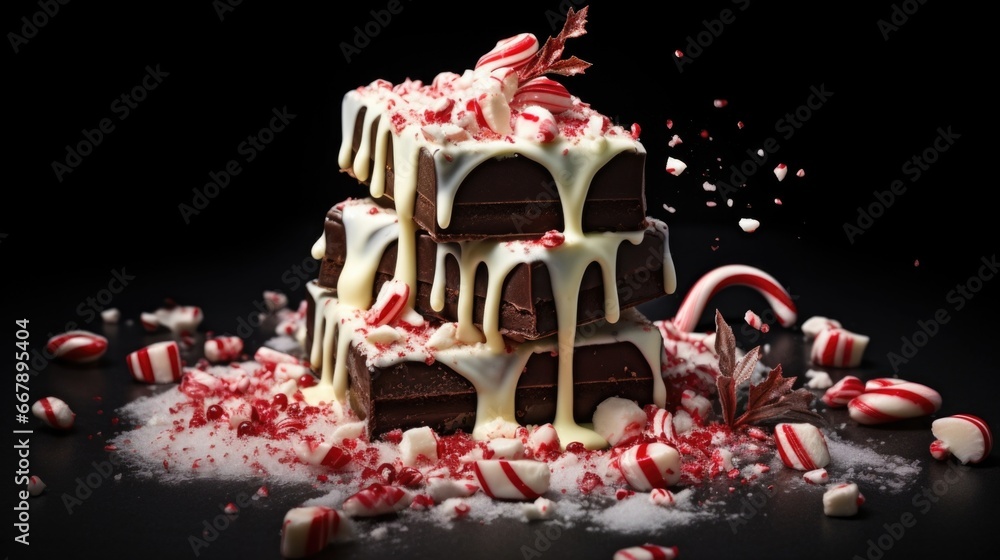An artfully arranged food shot featuring peppermint bark as the focal point, highlighting its contrasting layers and intricate detailing, including a delicate sprinkle of crushed candy cane