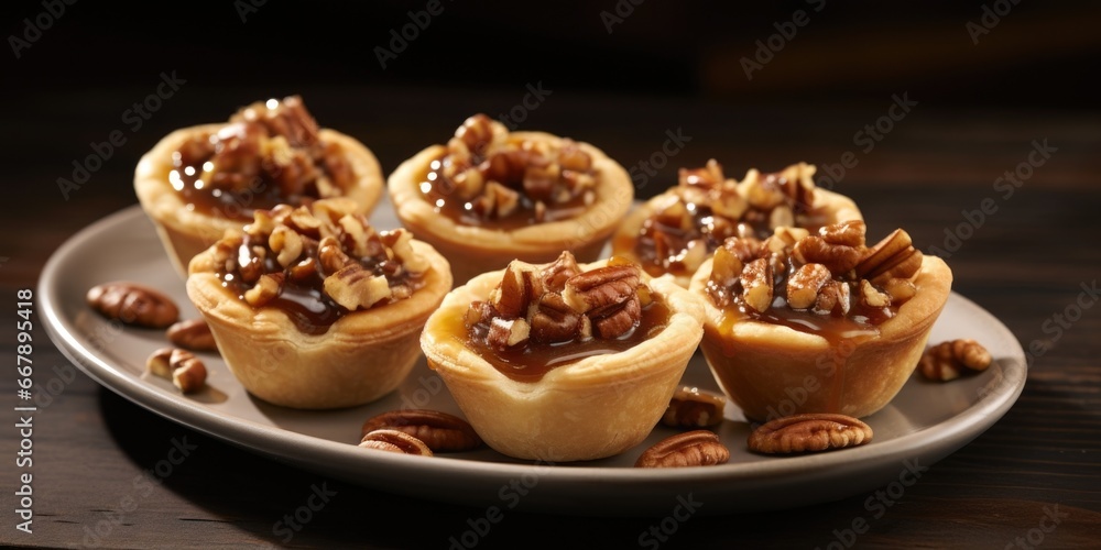 A modern twist on a beloved classic, featuring individual pecan pie bites in a bitesized format. Each mini tartlet showcases a perfectly formed crust holding a generous dollop of pecan filling, A modern twist on a beloved classic, featuring individual pecan pie bites in a bitesized format. Each mini tartlet showcases a perfectly formed crust holding a generous dollop of pecan filling,