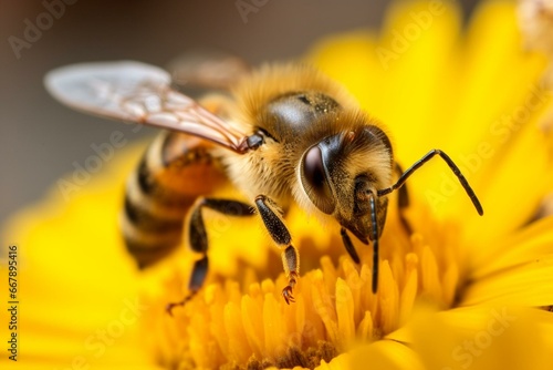 Macro shot of bee on flower amidst blurred background. Generative AI