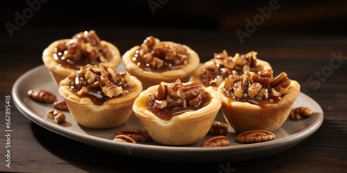 A modern twist on a beloved classic, featuring individual pecan pie bites in a bitesized format. Each mini tartlet showcases a perfectly formed crust holding a generous dollop of pecan filling,