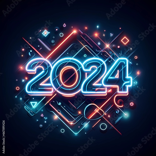 New Year 2024 illustration concept. Neon New Year 2024 number against the fireworks and city at midnight.