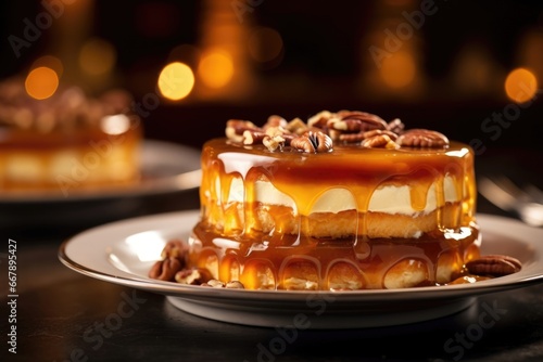A stunning pecan pie creation, presented as an elegant domed dessert. Constructed with layers of ery shortbread, a velvety smooth caramel pecan mousse, and crowned with a glossy caramel