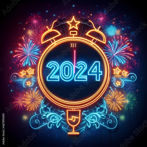 New Year 2024 illustration concept. Neon New Year 2024 number against the fireworks and and clock at midnight.