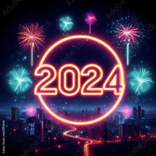 New Year 2024 illustration concept. Neon New Year 2024 number against the fireworks and city at midnight.