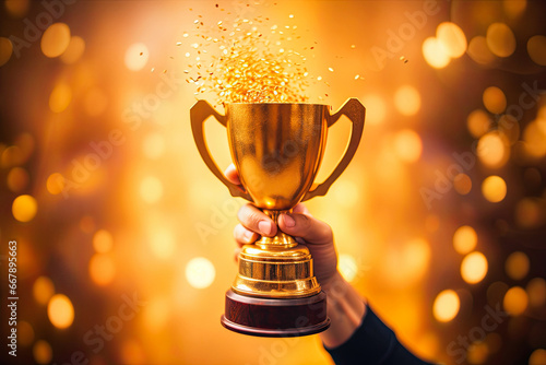 Man Holding Up A Gold Trophy Cup. Abstract Shiny Yellow Blurred Background. Concept of success and achievement Corporate Development. Copy Space for Text