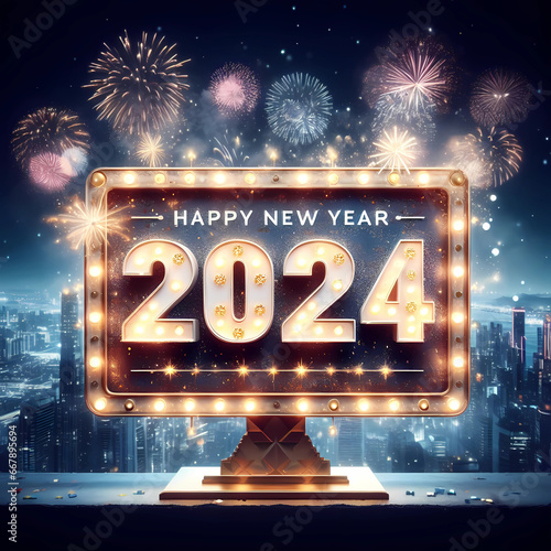 New Year 2024 illustration concept. Gold Happy New Year 2024 sign against fireworks and city at midnight.