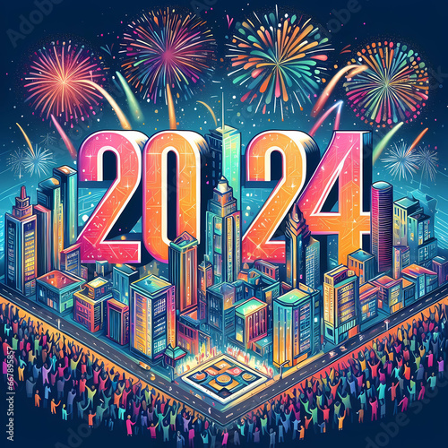 New Year 2024 illustration concept. Colorful New Year 2024 number against the fireworks and city at midnight.