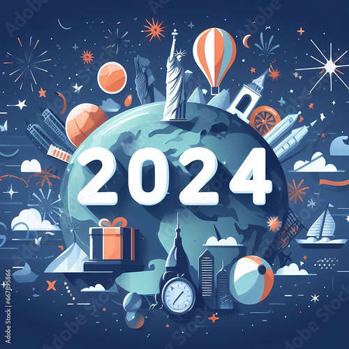 New Year 2024 illustration concept number. Earth and sky.