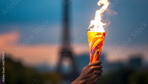 African american hand raising the olympic torch in front of the Eiffel tower, Paris photo