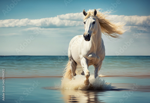 The imposing white stallion trots majestically on the seashore with the wind blowing on his splendid golden mane and the sun making his white coat bathed in the saltiness of the blue sea shine.