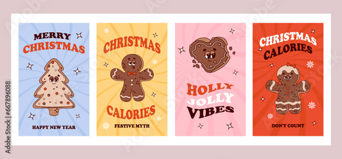 Trendy Christmas groovy posters. Retro cartoon characters gingerbread. Christmas calories dont count. Vibes 70s. Merry Christmas and Happy New year. Greeting cards, template, postcard, poster.