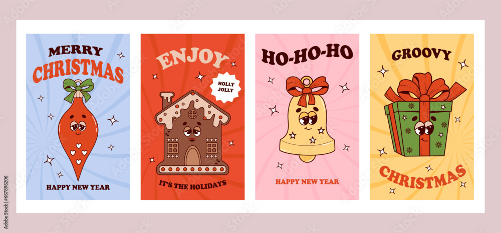 Christmas groovy posters. Retro cartoon characters gingerbread house, tree toys and gift. Vibes 70s. Merry Christmas and Happy New year