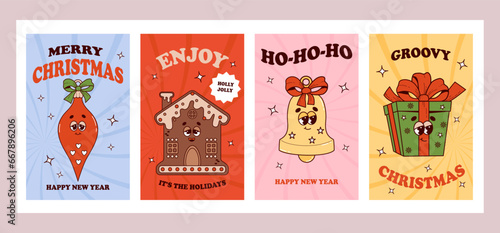 Christmas groovy posters. Retro cartoon characters gingerbread house, tree toys and gift. Vibes 70s. Merry Christmas and Happy New year