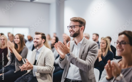 A young man startupper is clapping on a business conference