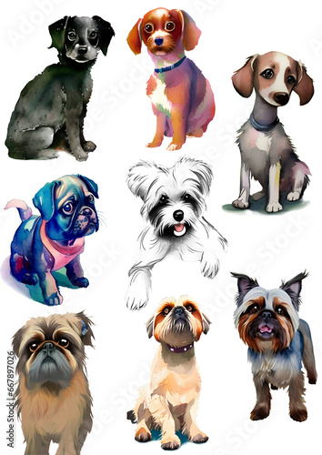 set with cute, small dogs, watercolor style on a white background © shoer
