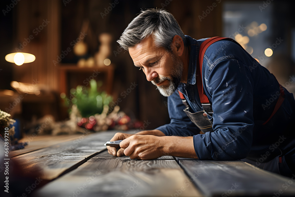 Professional builder man laying laminate flooring at home - obrazy, fototapety, plakaty 