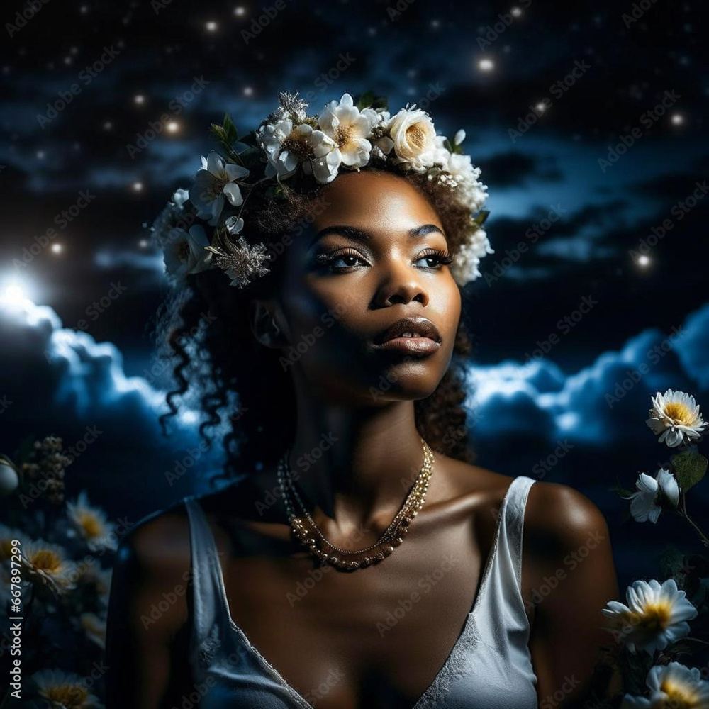 A beautiful dark-skinned woman with a crown of white flowers against the backdrop of the moonlit sky