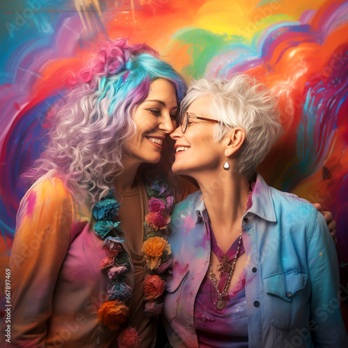 HAPPY MATURE LESBIAN COUPLE ON PSYCHEDELIC ABSTRACT BACKGROUND. legal AI