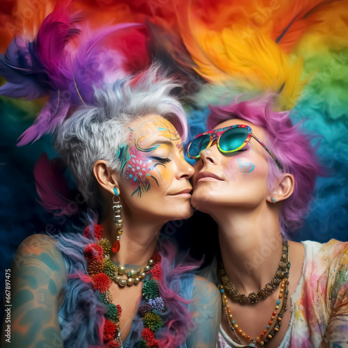 HAPPY MATURE LESBIAN COUPLE ON PSYCHEDELIC ABSTRACT BACKGROUND. legal AI