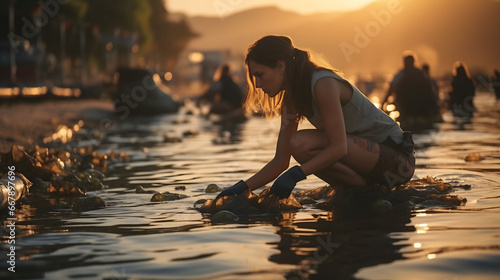 A young woman squatting collecting trash from the beach with other people at sunset