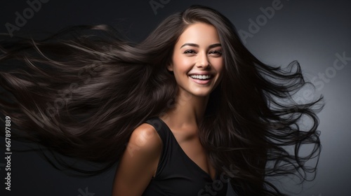 a young woman smiling with her long hair flying, functional aesthetics, dark brown and black, textural sensations, happycore, glossy finish,  youthful energy photo