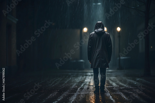 Lonely man in a raincoat standing in a dark alley, while it rains. Concept of loneliness, mental health, depression. AI generated photo