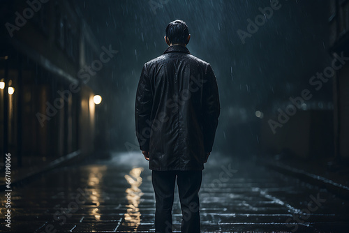 Lonely man standing in the rain with his hands in pockets. Dark night. Concept of loneliness, mental health, depression. AI generated photo