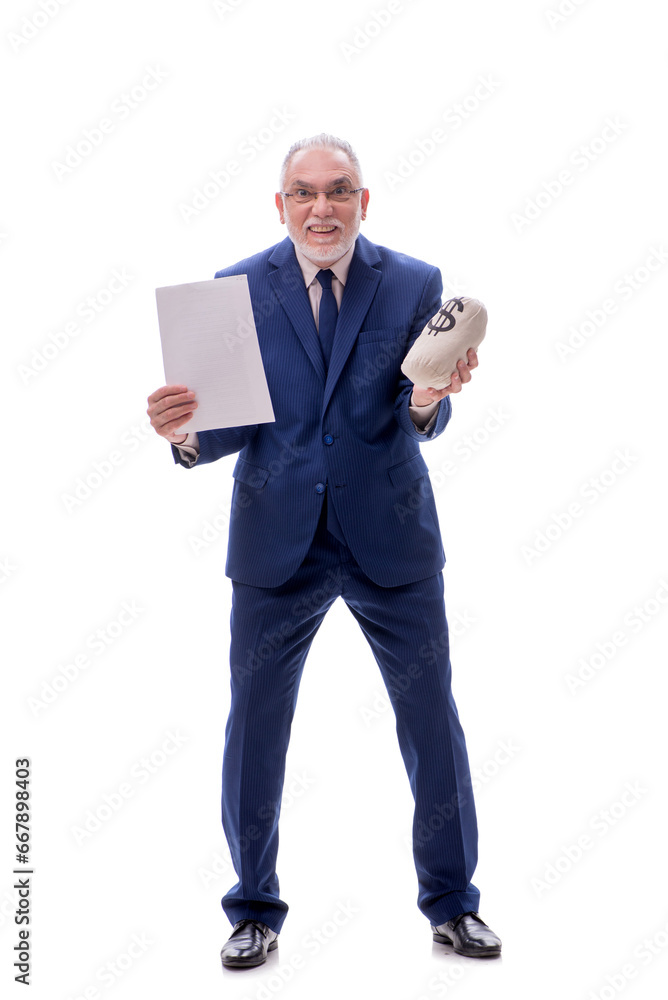 Old businessman in remuneration concept isolated on white Old businessman in remuneration concept isolated on white