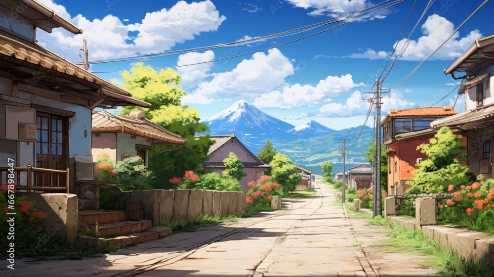 image of an anime style street, delicately rendered landscapes, serene and tranquil scenes, tracing, charming, idyllic rural scenes, anime-inspired, detailed skies