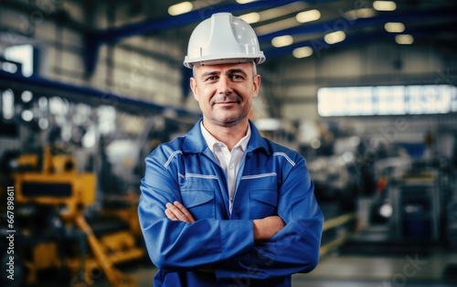 A confident smiling factory worker wearing a helmet, manufacturing plant