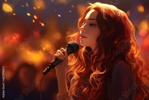 lady with long hair holding microphone at a concert, emotive fields of color, romantic scenes, dark yellow and light red, romanticized views, light crimson and emerald, detailed crowd scenes