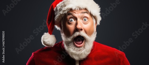 Surprising Santa Claus portrait in red costume isolated on vibrant background