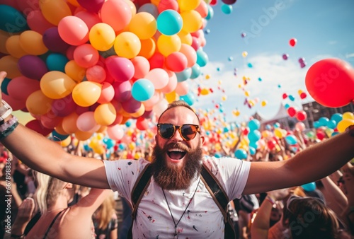 man having fun at a festival with balloons, joyful chaos
