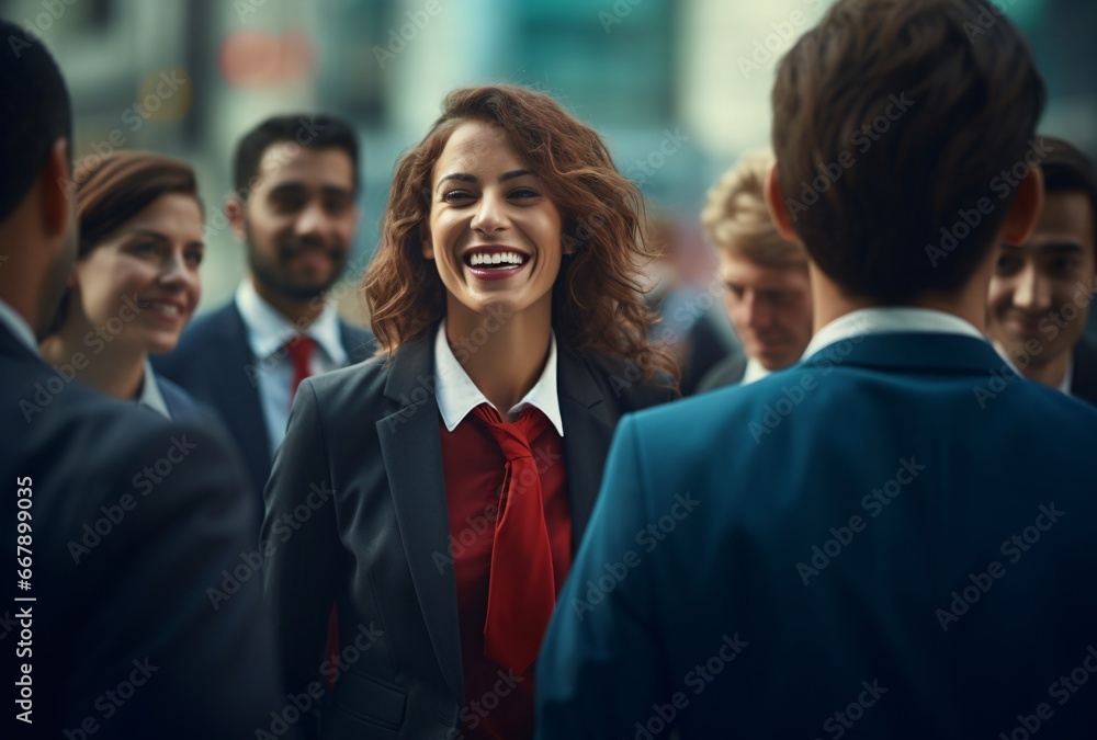smiling business woman is gathered around in front of men as she chats with reporters, camera tossing, street-inspired, hybrid media works, teal and red, wavy, focus on materials, organic smiling business woman is gathered around in front of men as she chats with reporters, camera tossing, street-inspired, hybrid media works, teal and red, wavy, focus on materials, organic