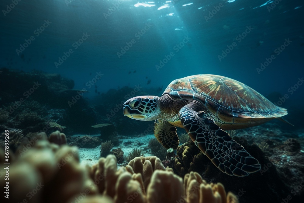Enchanting underwater view: shimmering light dances on turtle and environment. Generative AI