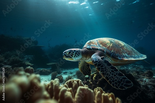 Enchanting underwater view: shimmering light dances on turtle and environment. Generative AI
