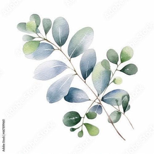 Watercolor Eucalyptus leaf frame with a bokeh or light effect, single, white background. AI generated