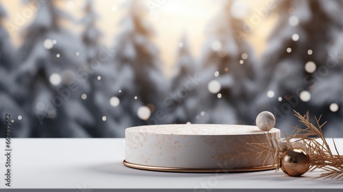 Minimal product display stand with winter nature landscape. Christmas and new year background.