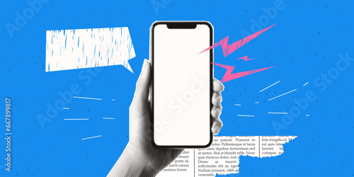 Hand holding a phone. Modern blue background with texture. Trendy retro style. Halftone collage and doodle of lightning. 