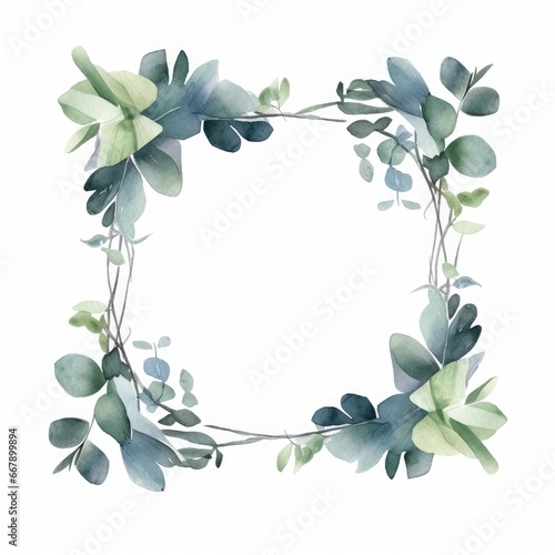 Watercolor Eucalyptus leaf frame with a contemporary and artistic style on white. AI generated