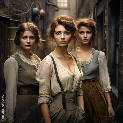 three young women are standing next to her in an alleyway, fine art film, working class subjects, mono-ha, lively tavern scenes, epic portrait young ladies standing in a street, detailed photo