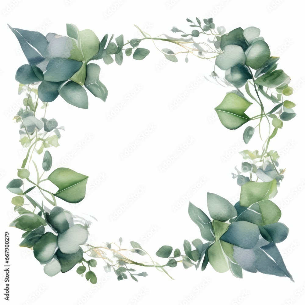 Watercolor Eucalyptus leaf frame with a mix of eucalyptus and other foliage on white. AI generated