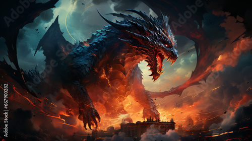 dragon destroying a city