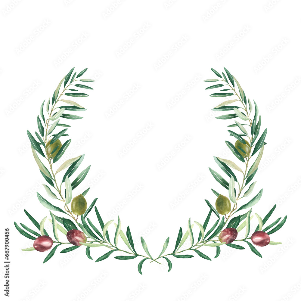 Watercolor olive wreath with green and red olives. Isolated on white background. Hand drawn botanical illustration. Can be used for cards, emblem, logos and food design. Watercolor olive wreath with green and red olives. Isolated on white background. Hand drawn botanical illustration. Can be used for cards, emblem, logos and food design.