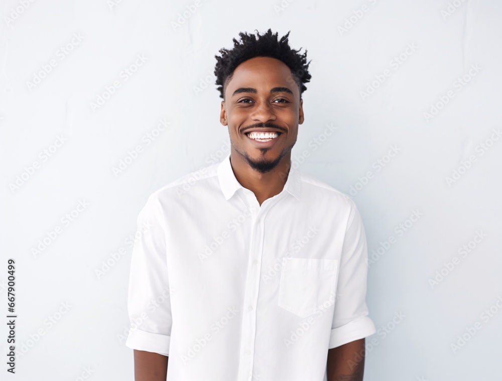 young black man smiling for the camera in clean white shirt, exaggerated features, tenwave, sterling silver highlights, distinct facial features, vibrant color combinations, white background, rounded young black man smiling for the camera in clean white shirt, exaggerated features, tenwave, sterling silver highlights, distinct facial features, vibrant color combinations, white background, rounded