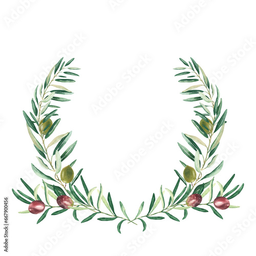 Watercolor olive wreath with green and red olives. Isolated on white background. Hand drawn botanical illustration. Can be used for cards  emblem  logos and food design.