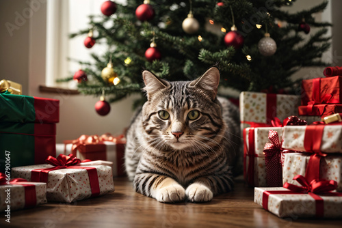 Cat by a christmas tree